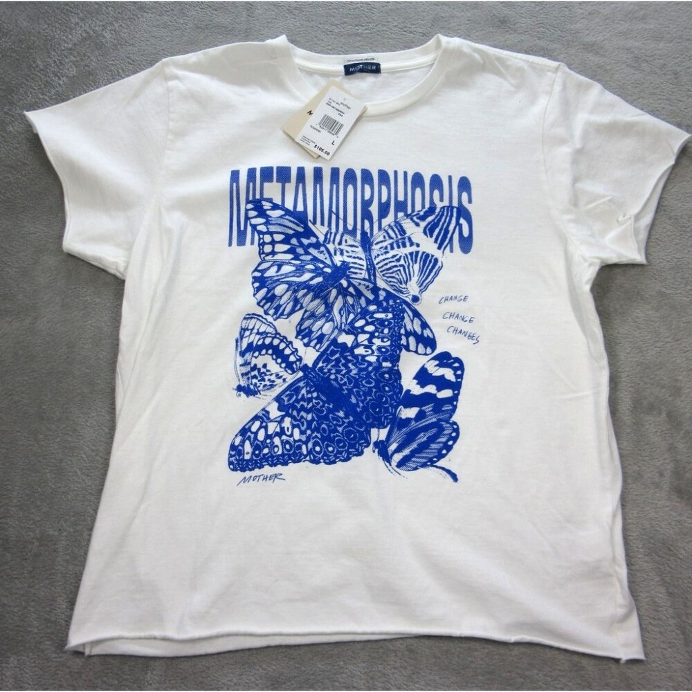 NWT Mother Denim T-Shirt Women's Large Metamorphosis Butterfly White Blue